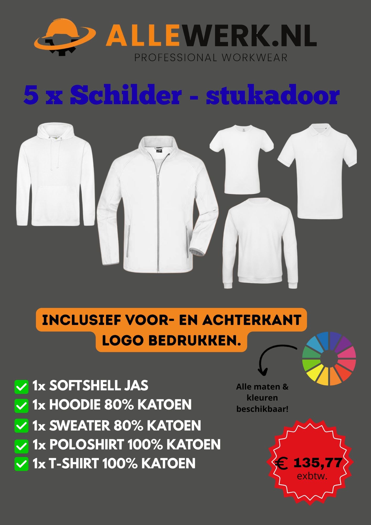 5- Delige Schilder-stukadoor incl. Logo voor en achter bedrukt!!