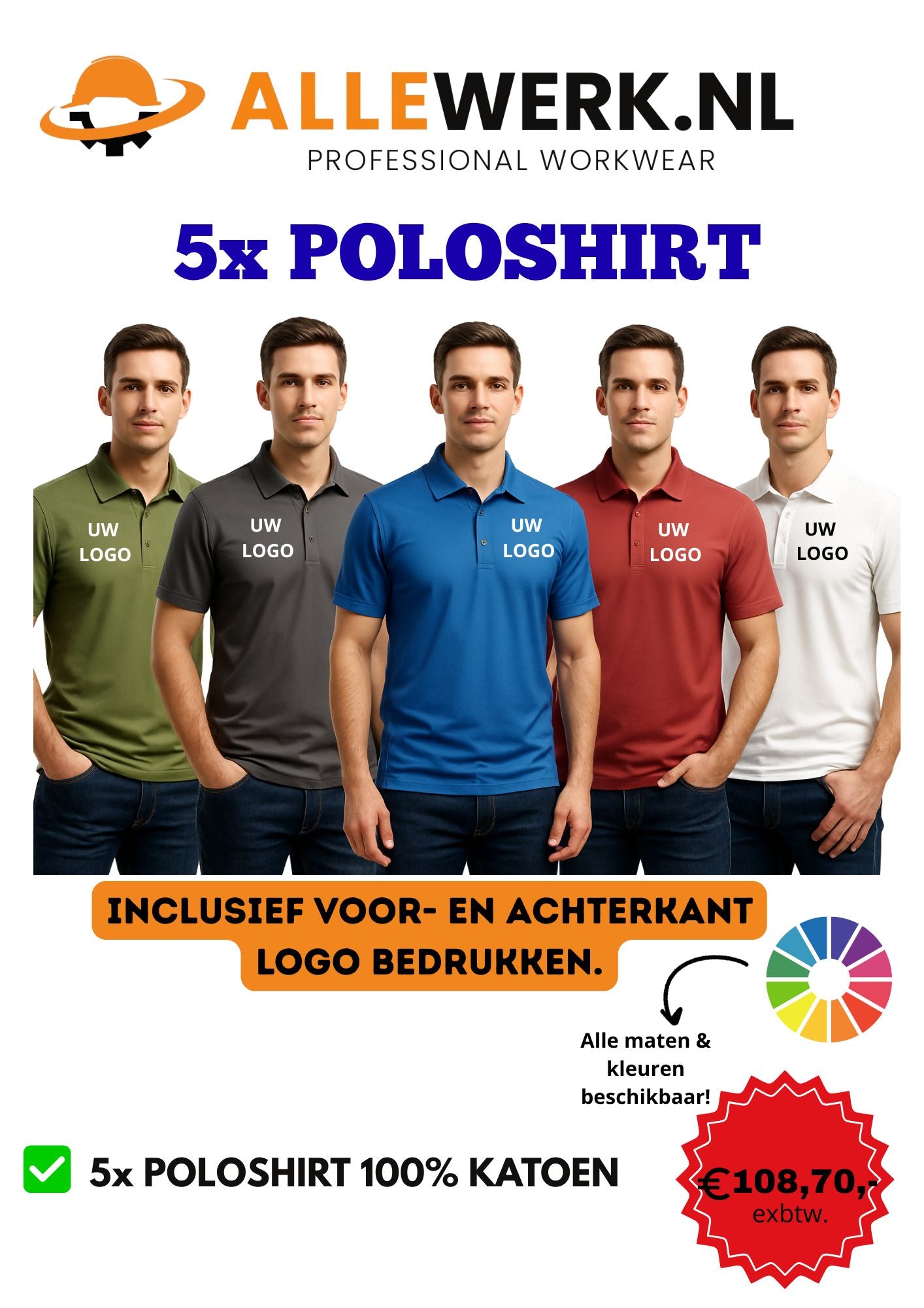5x Poloshirt incl. Logo voor en achterkant bedrukt!!