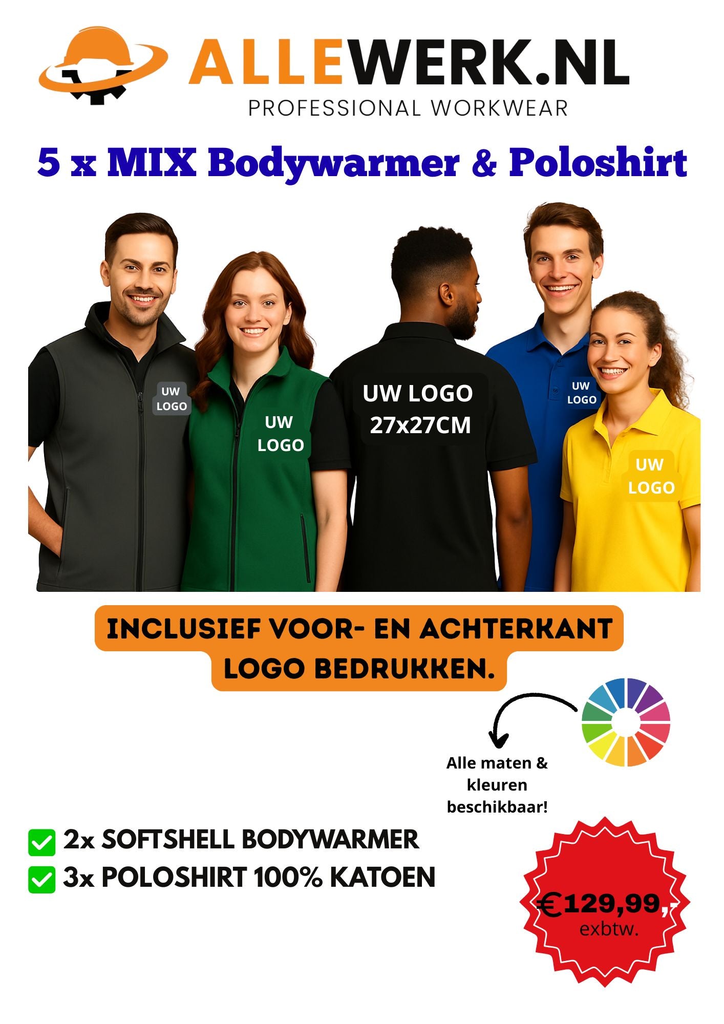 5- Mix Bodywarmer & Poloshirt incl. Logo voor en achterkant bedrukt!!
