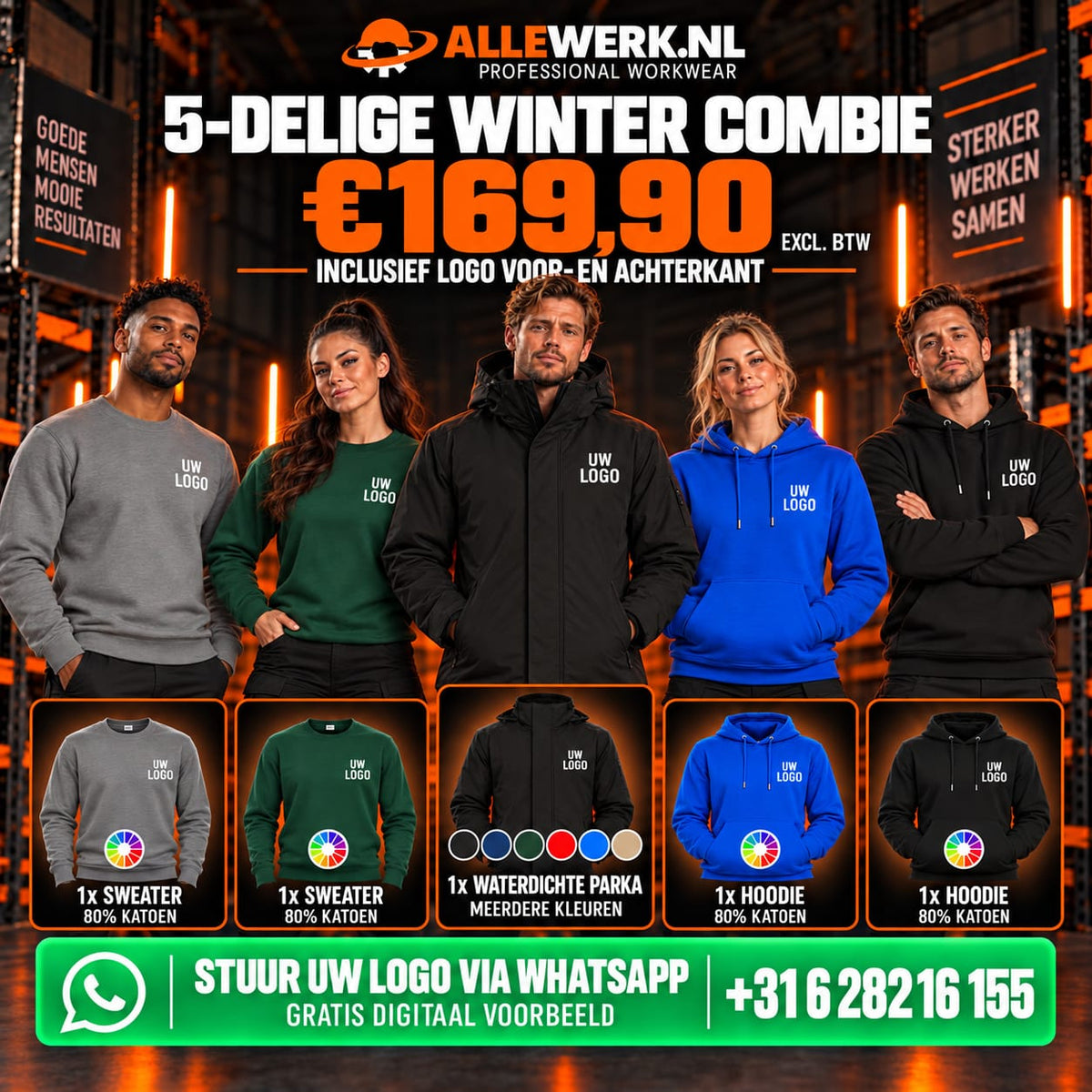 5-delige winter combi met waterdichte parka, hoodies, sweaters en logobedrukking