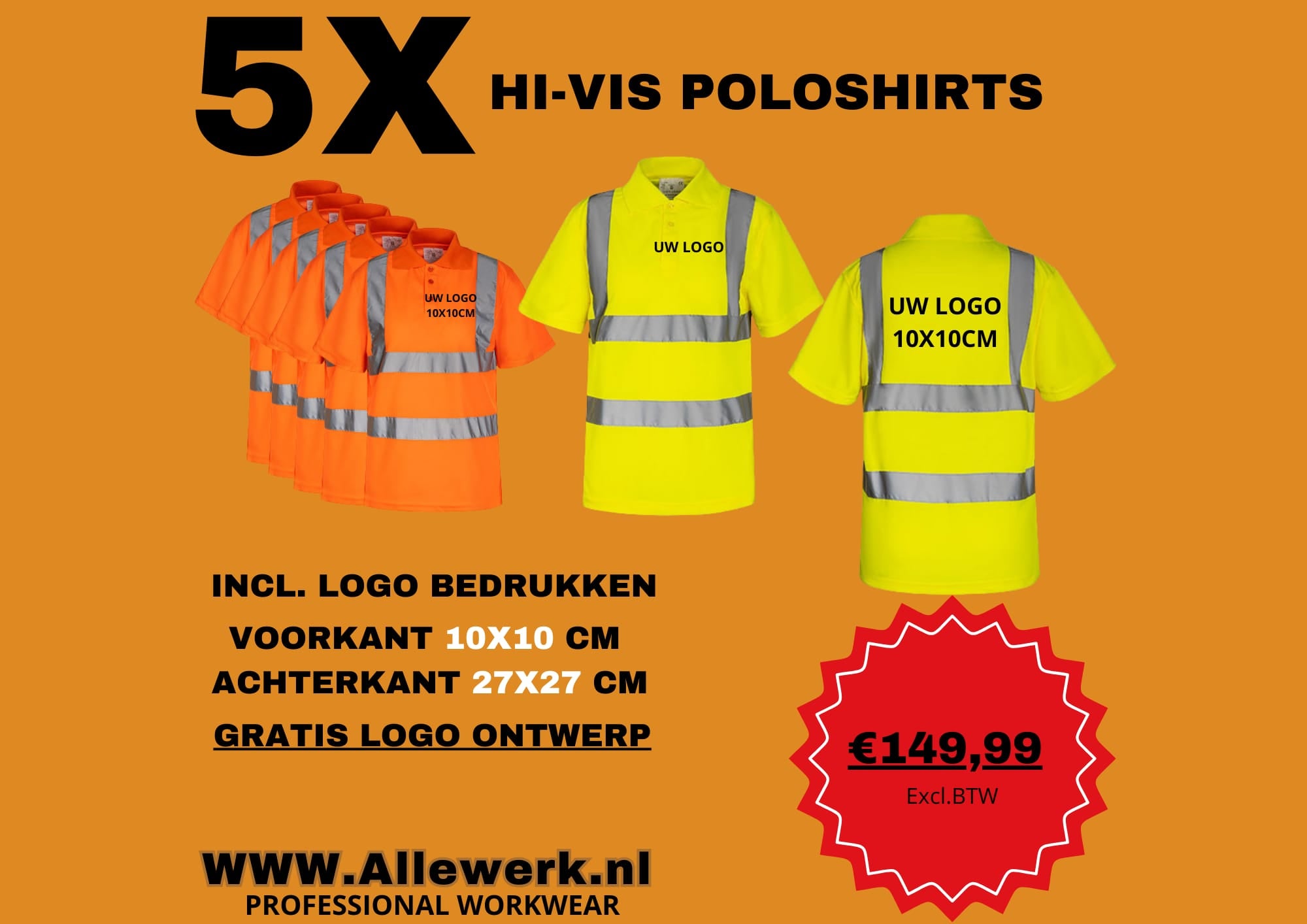 5x Hi-Vis Poloshirt incl. Logo voor en achter bedrukken