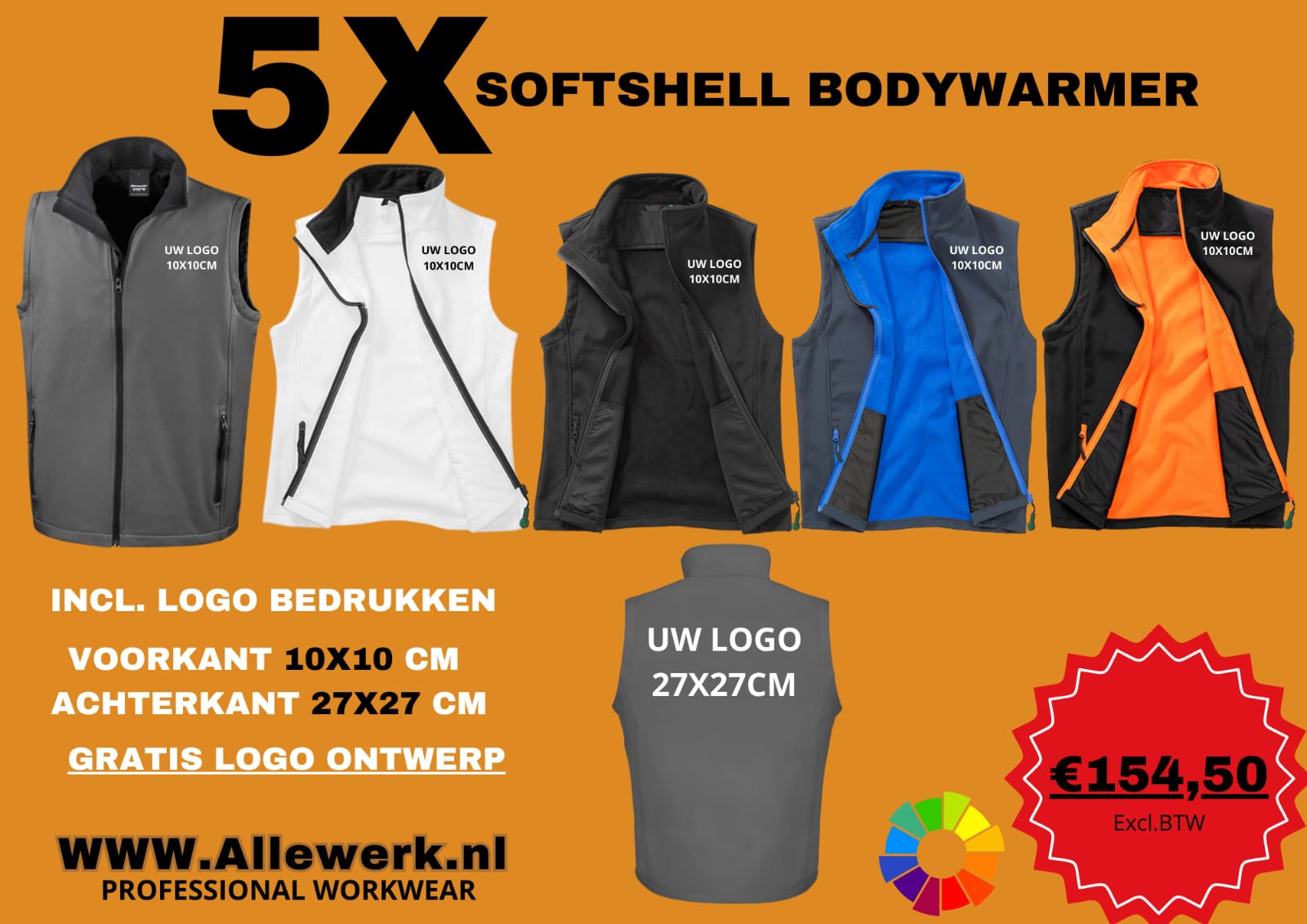 5x Softshell Bodywarmer incl. Logo voor en achter bedrukt!!