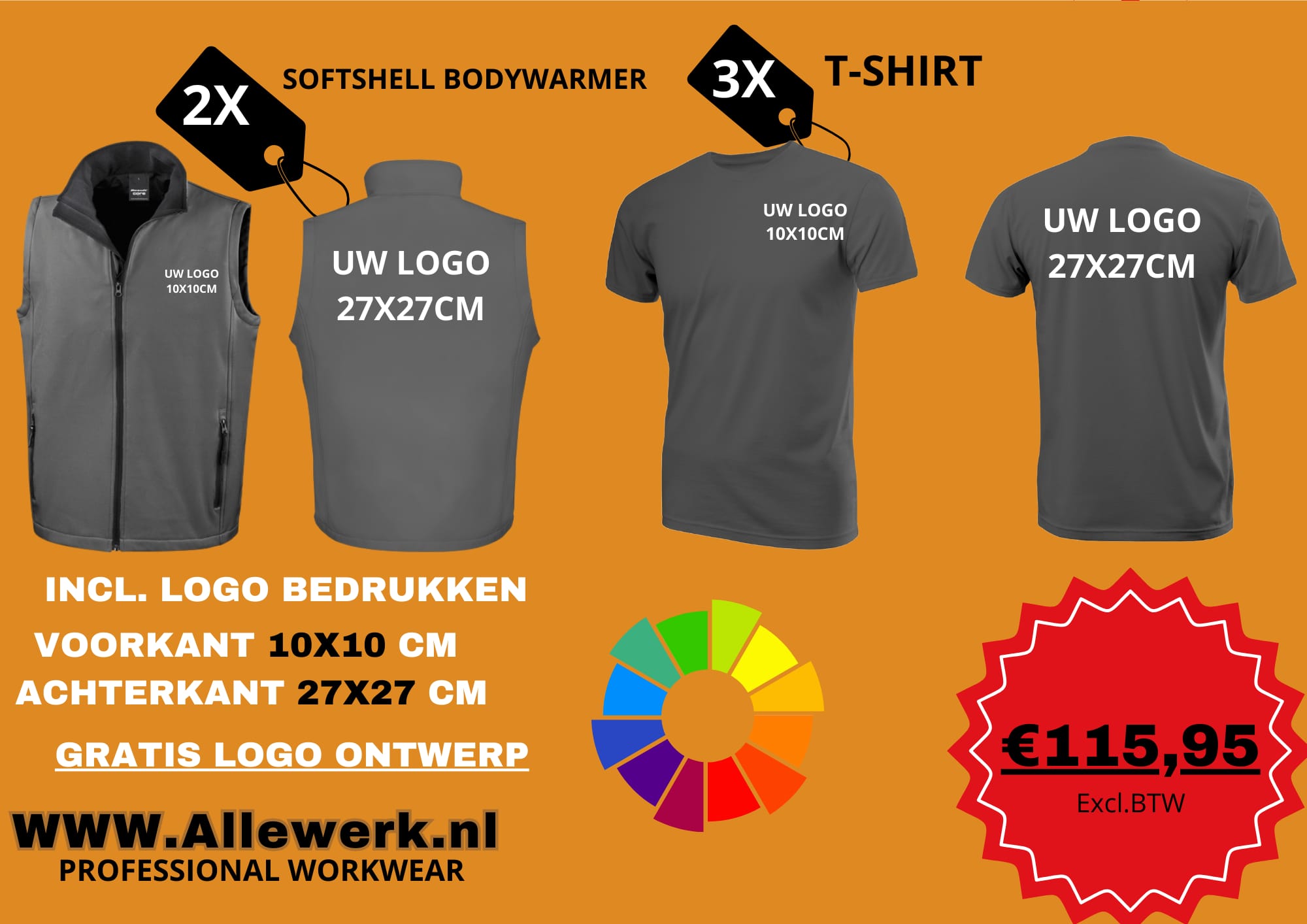 5x MIX Bodywarmer & T-shirt incl. Logo voor en achter bedrukt!!