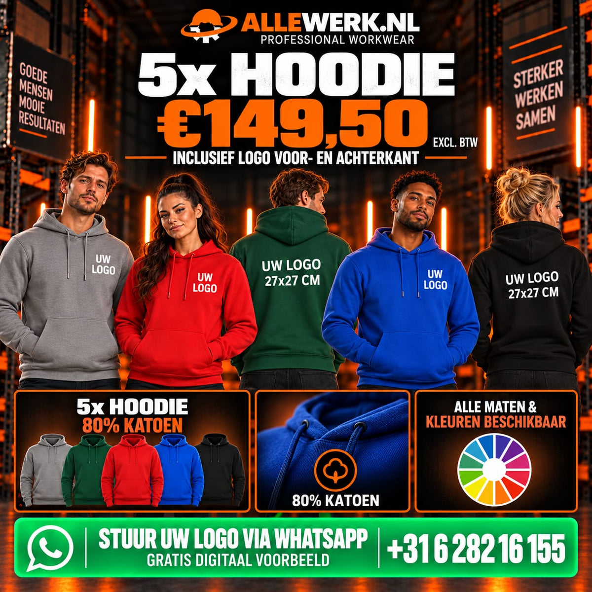 5 hoodies bedrukt met voor- en achterlogo