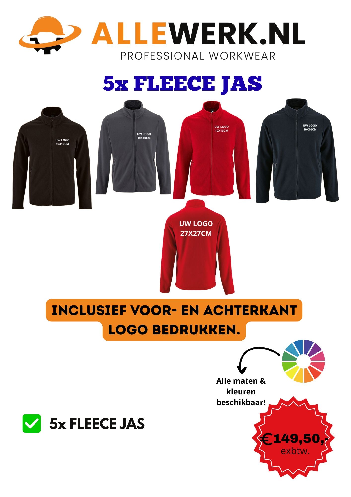 5x Fleece Jas incl. Logo voor en achterkant bedrukt!!