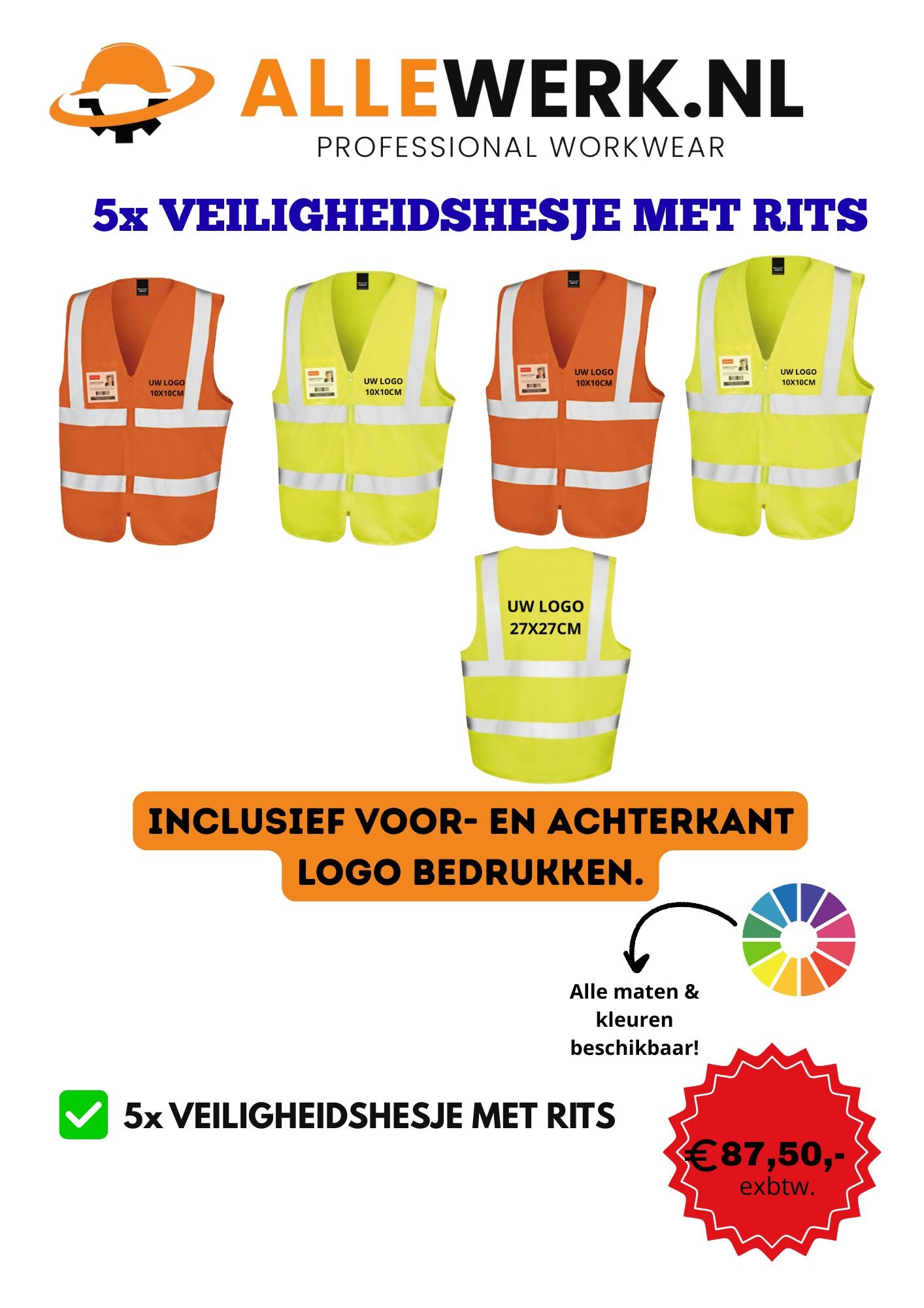 5x Hi-vis Veiligheidshesje met rits incl. logo voor en achter bedrukt!!