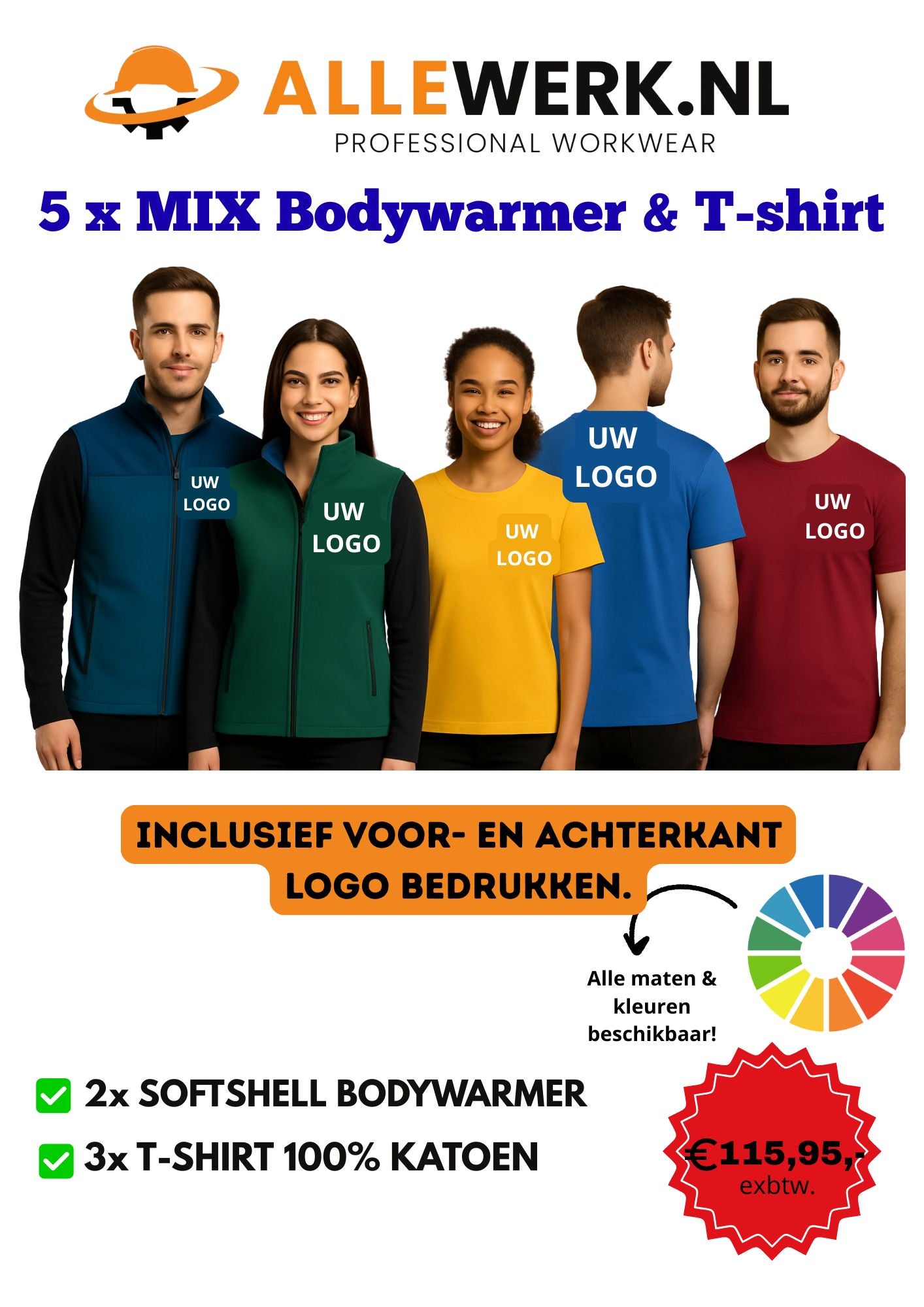 5x MIX Bodywarmer & T-shirt incl. Logo voor en achter bedrukt!!