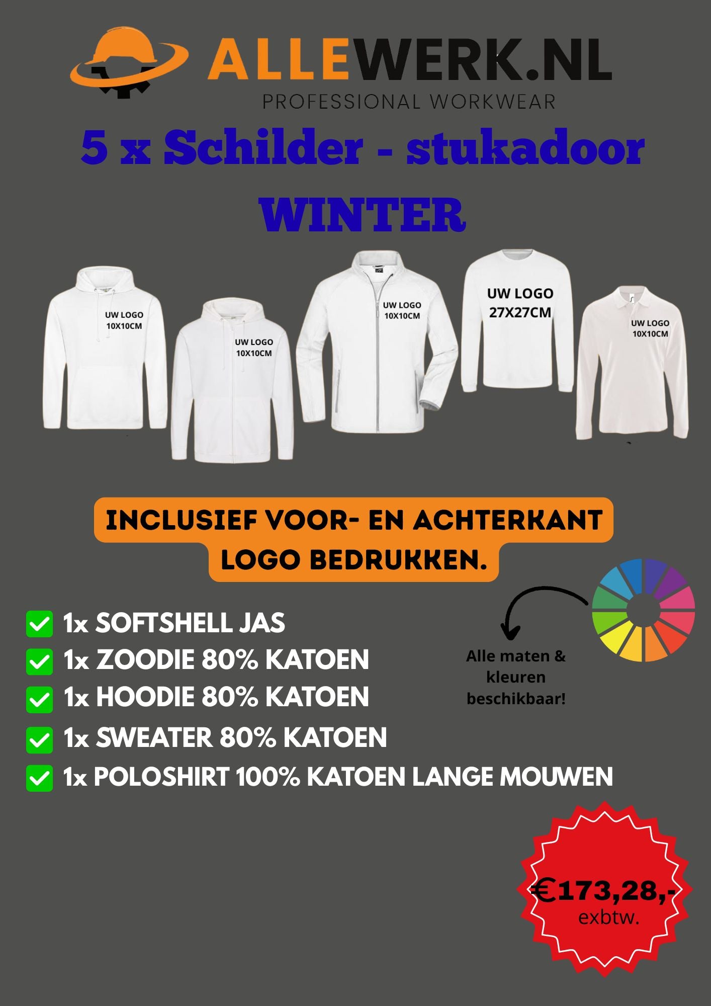 5x Delige Schilder- stukadoor Winter set incl. Logo voor en achter bedrukt!!