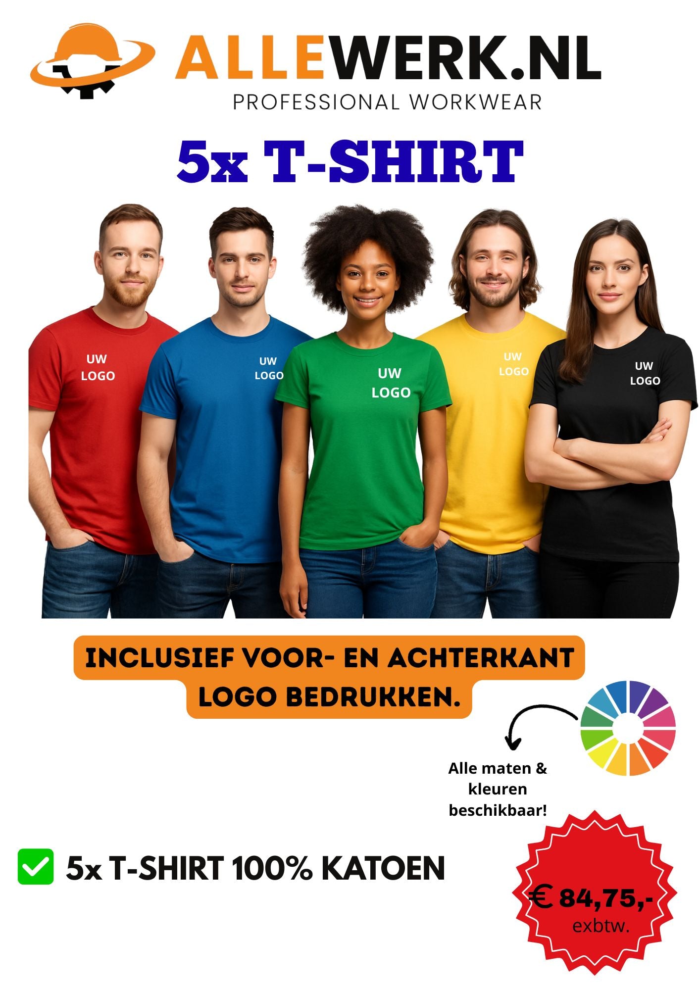5x T-shirt incl. Logo voor en achterkant bedrukt!!