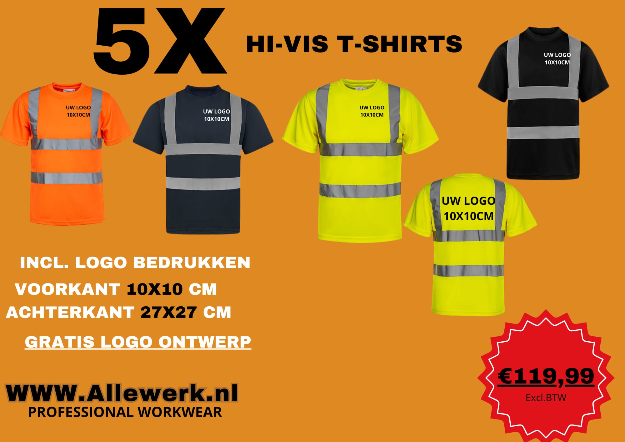 5x Hi-Vis T-shirt incl. Logo voor en achter bedrukken!!