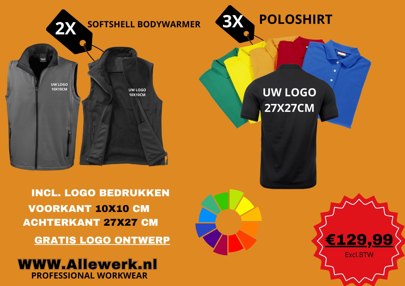 5- Mix Bodywarmer & Poloshirt incl. Logo voor en achterkant bedrukt!!