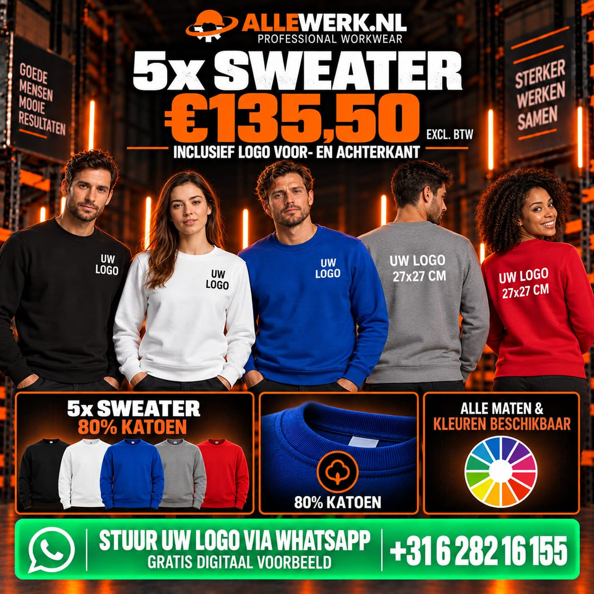 5 sweaters bedrukt met voor- en achterlogo